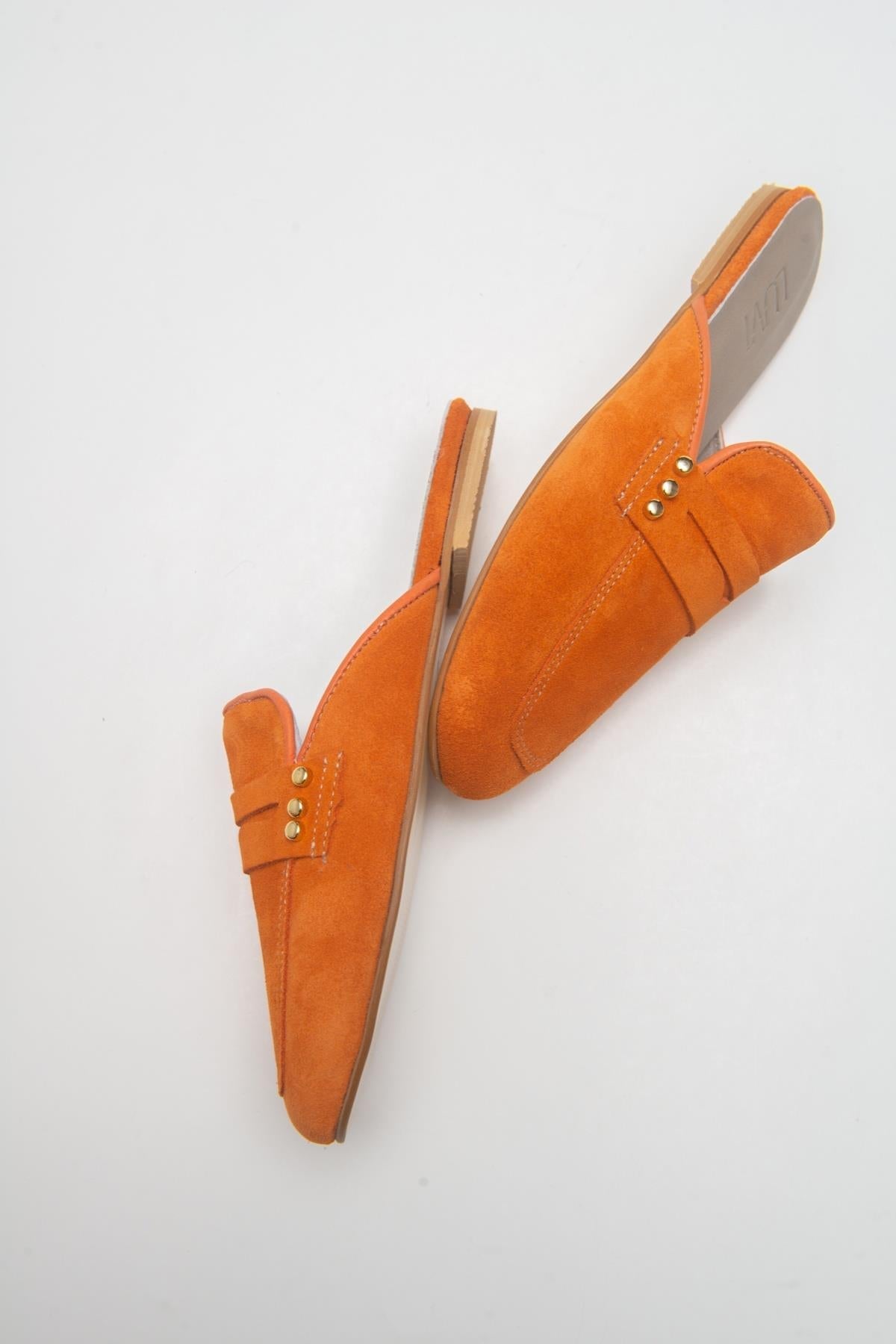 Eligia - Orange Leather Clogs – back view showing leather, suede, Vowalisse