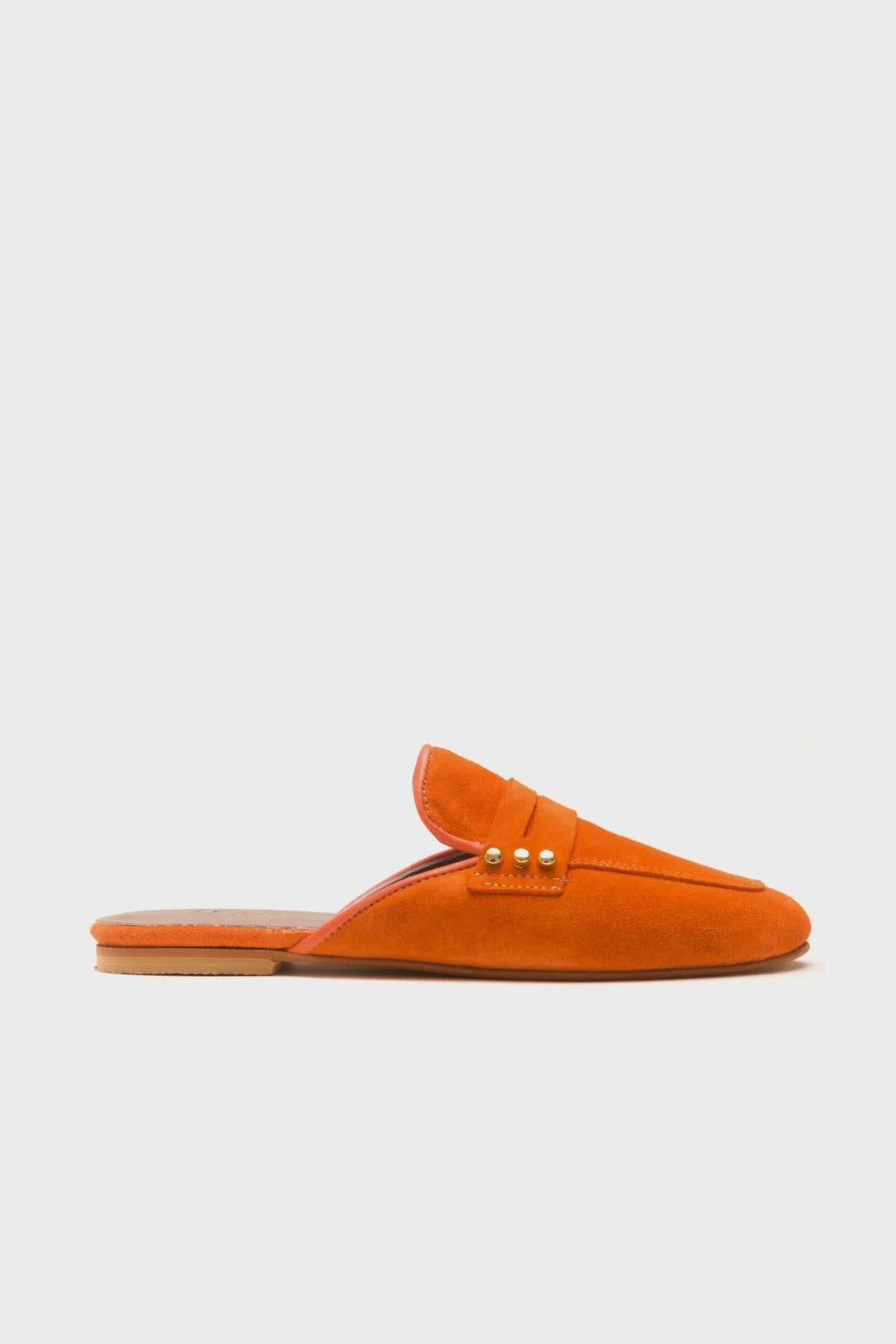 Eligia - Orange Leather Clogs – top view showing leather, suede, Vowalisse