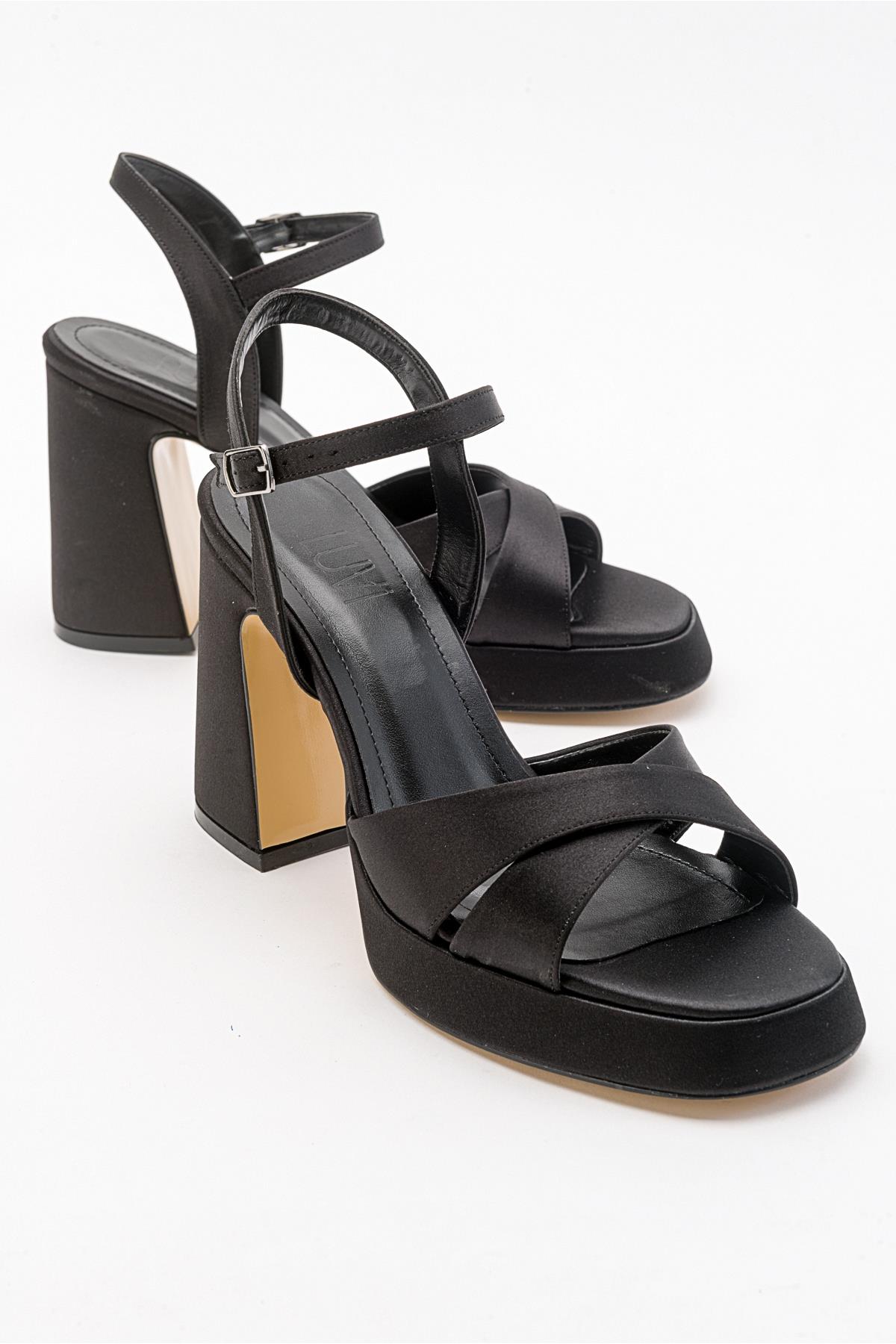 Lello - Black Satin Platform Heel Shoe – front three-quarter view showing satin, leather, black, Vowalisse