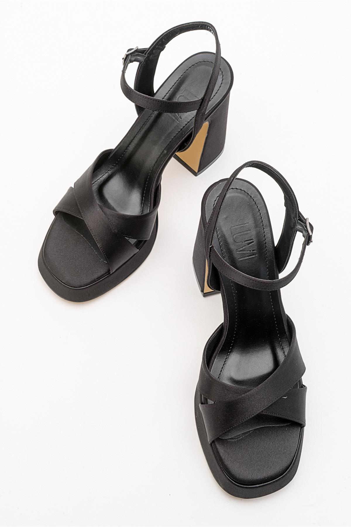 Lello - Black Satin Platform Heel Shoe – detail view showing satin, leather, black, Vowalisse