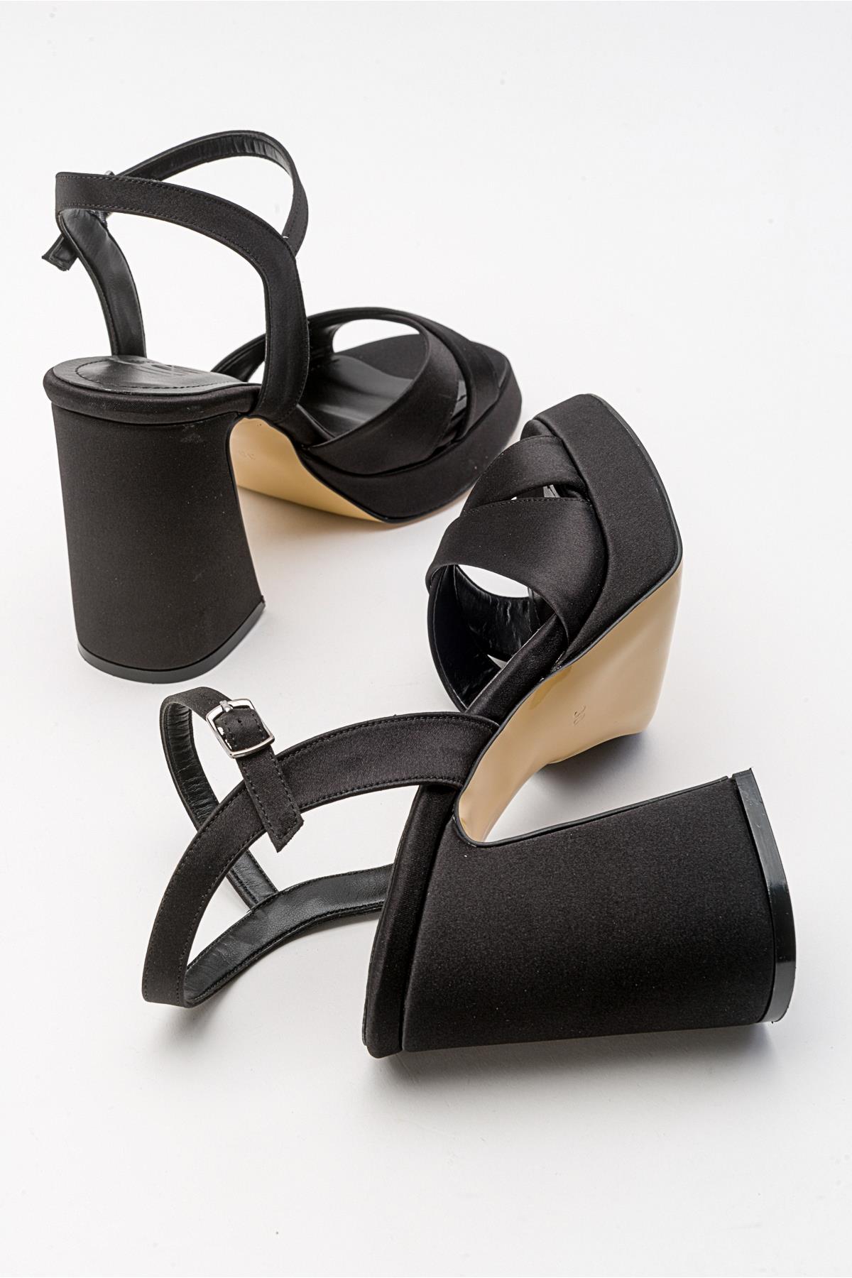 Lello - Black Satin Platform Heel Shoe – heel view showing satin, leather, black, Vowalisse