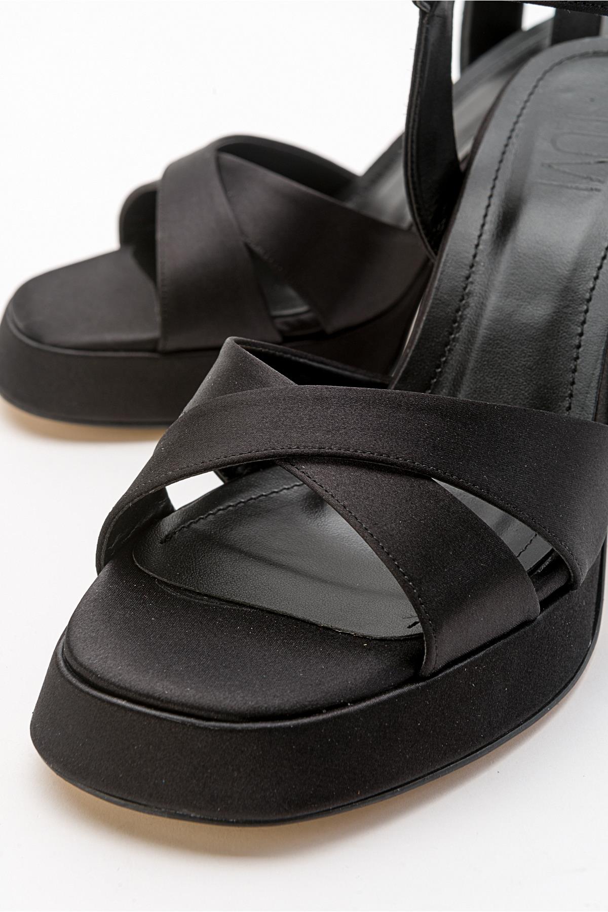 Lello - Black Satin Platform Heel Shoe – back view showing satin, leather, black, Vowalisse