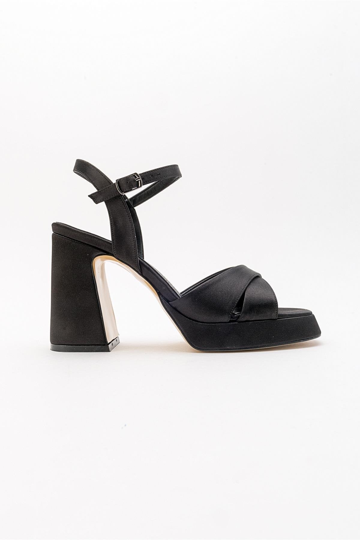 Lello - Black Satin Platform Heel Shoe – top view showing satin, leather, black, Vowalisse