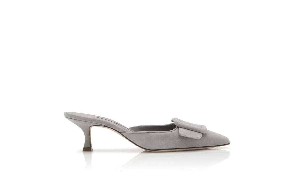 Aurelia Crown Grey Suede Mules – side profile showing grey suede, Vowalisse