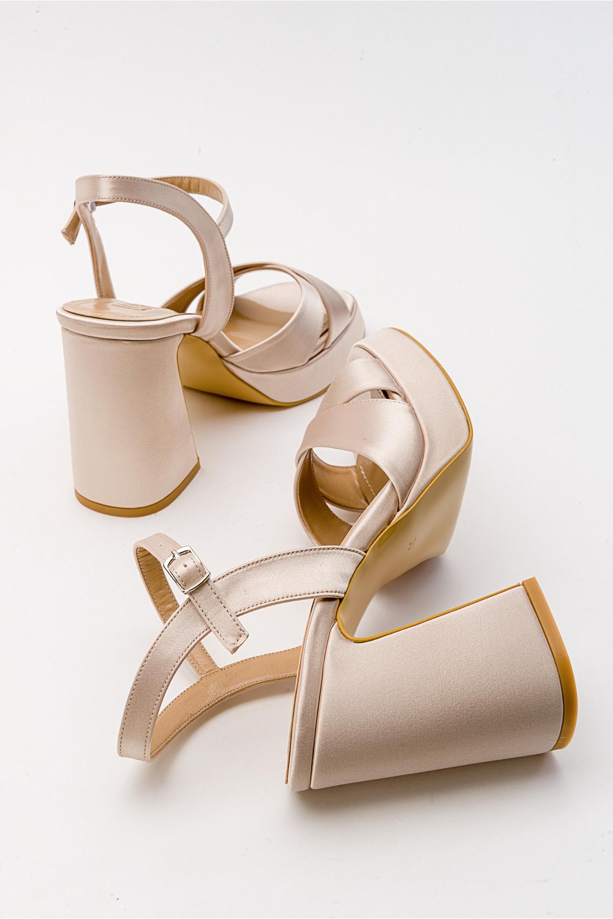Lello - Beige Satin Platform Heel Shoe – back view showing satin, leather, Vowalisse
