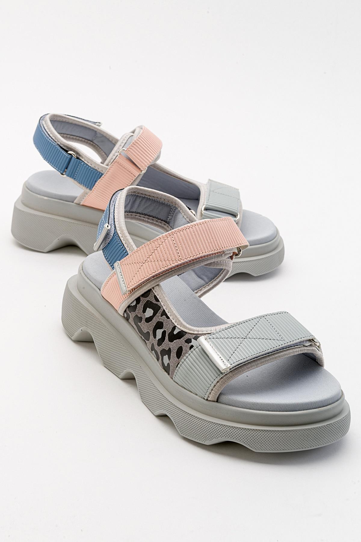 Tedy - Blue Patterned Sandal – front three-quarter view showing leather, blue, Vowalisse