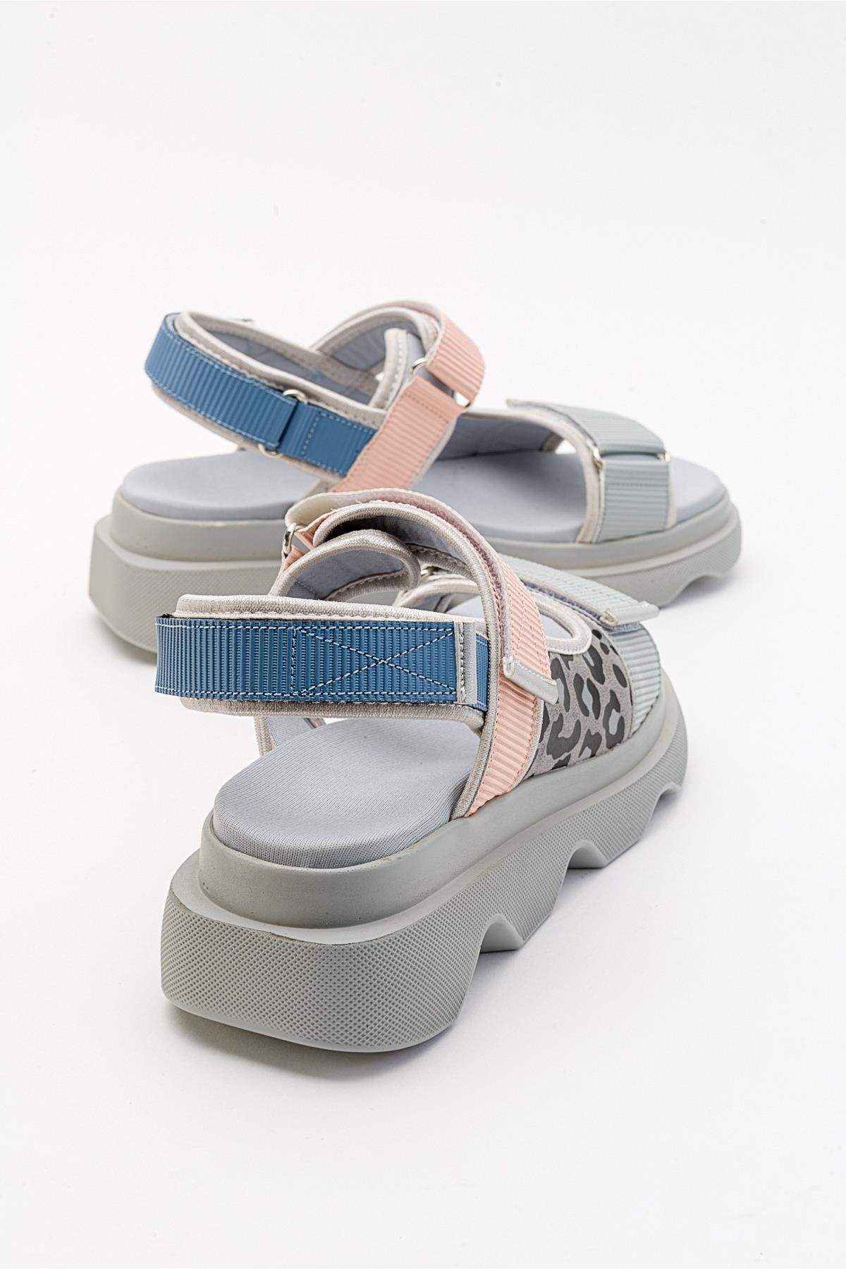 Tedy - Blue Patterned Sandal – detail view showing leather, blue, Vowalisse