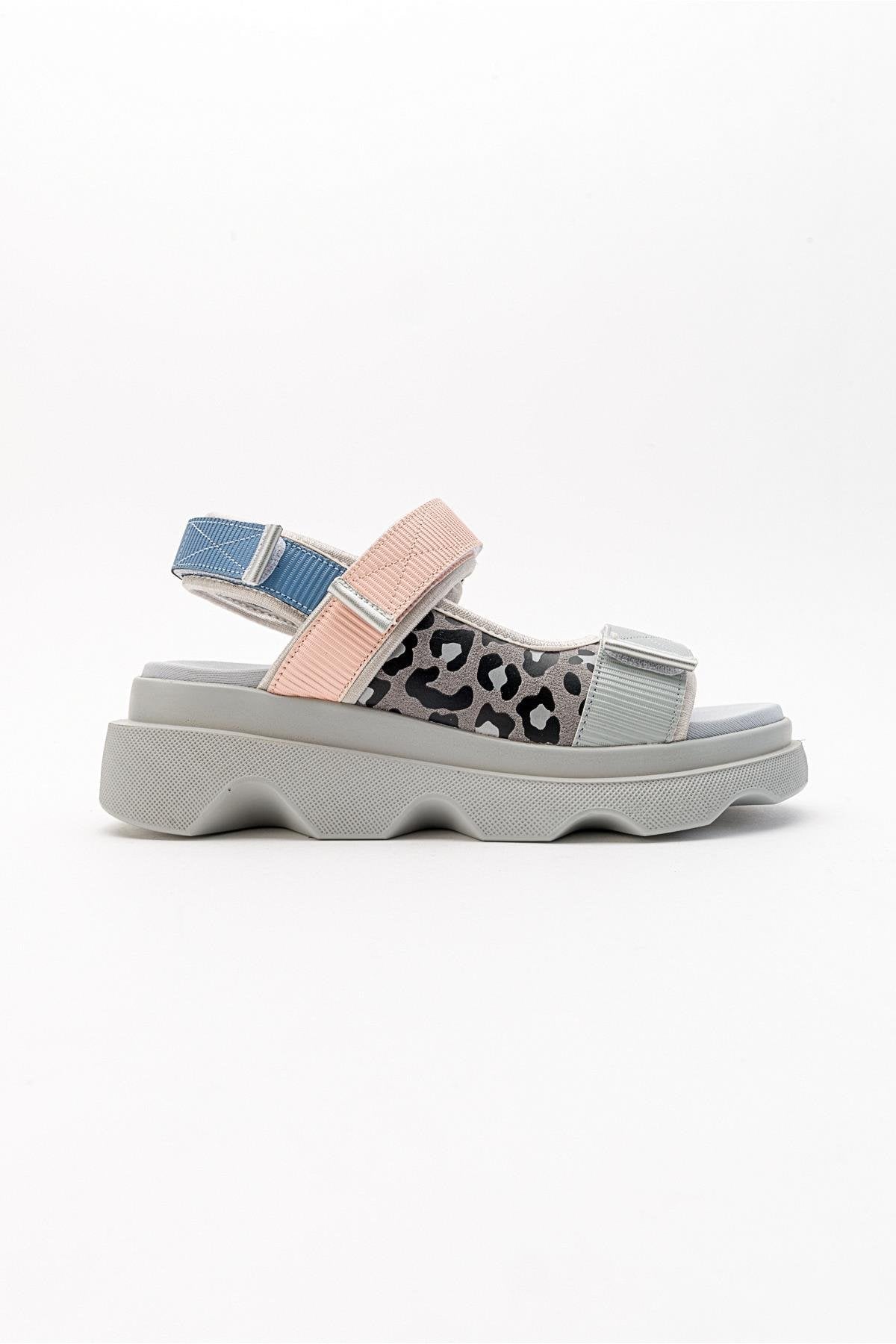Tedy - Blue Patterned Sandal – top view showing leather, blue, Vowalisse