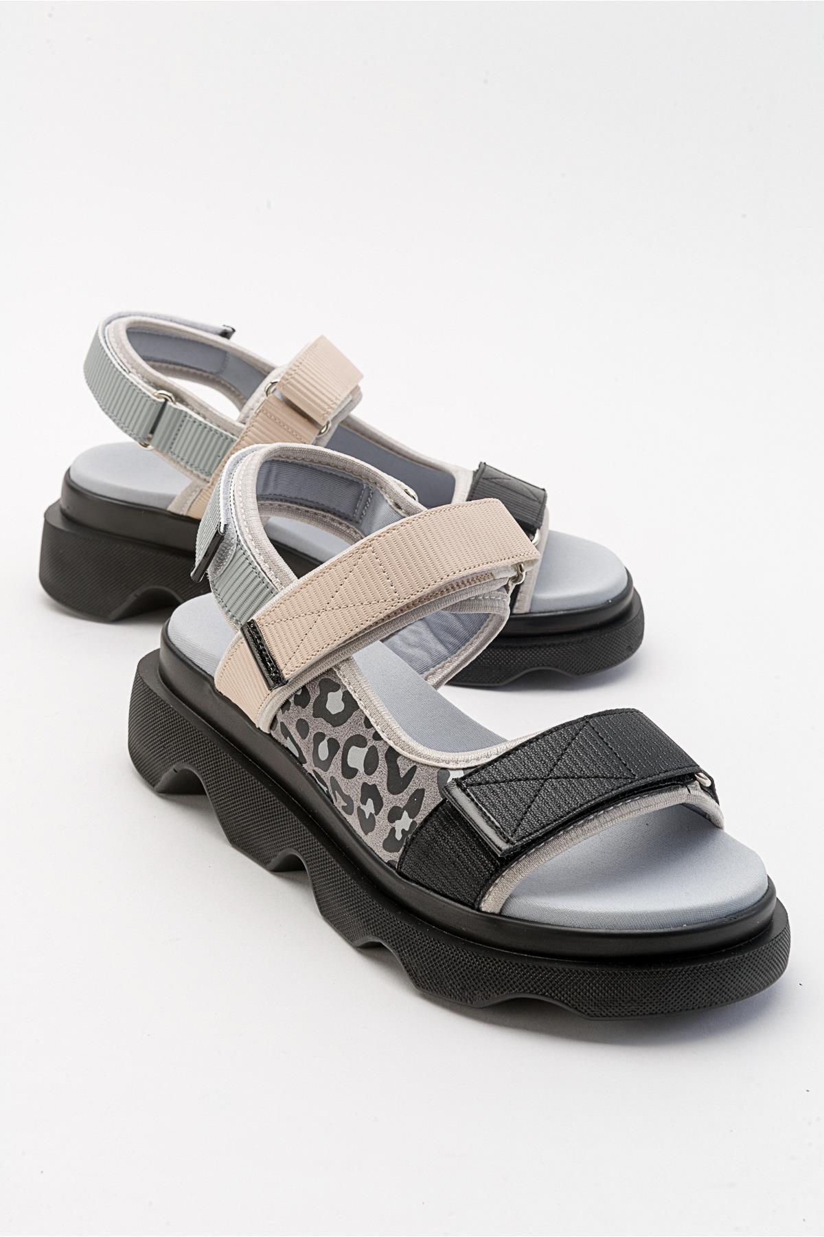 Tedy - Black-Grey Patterned Sandal – front three-quarter view showing leather, black, Vowalisse