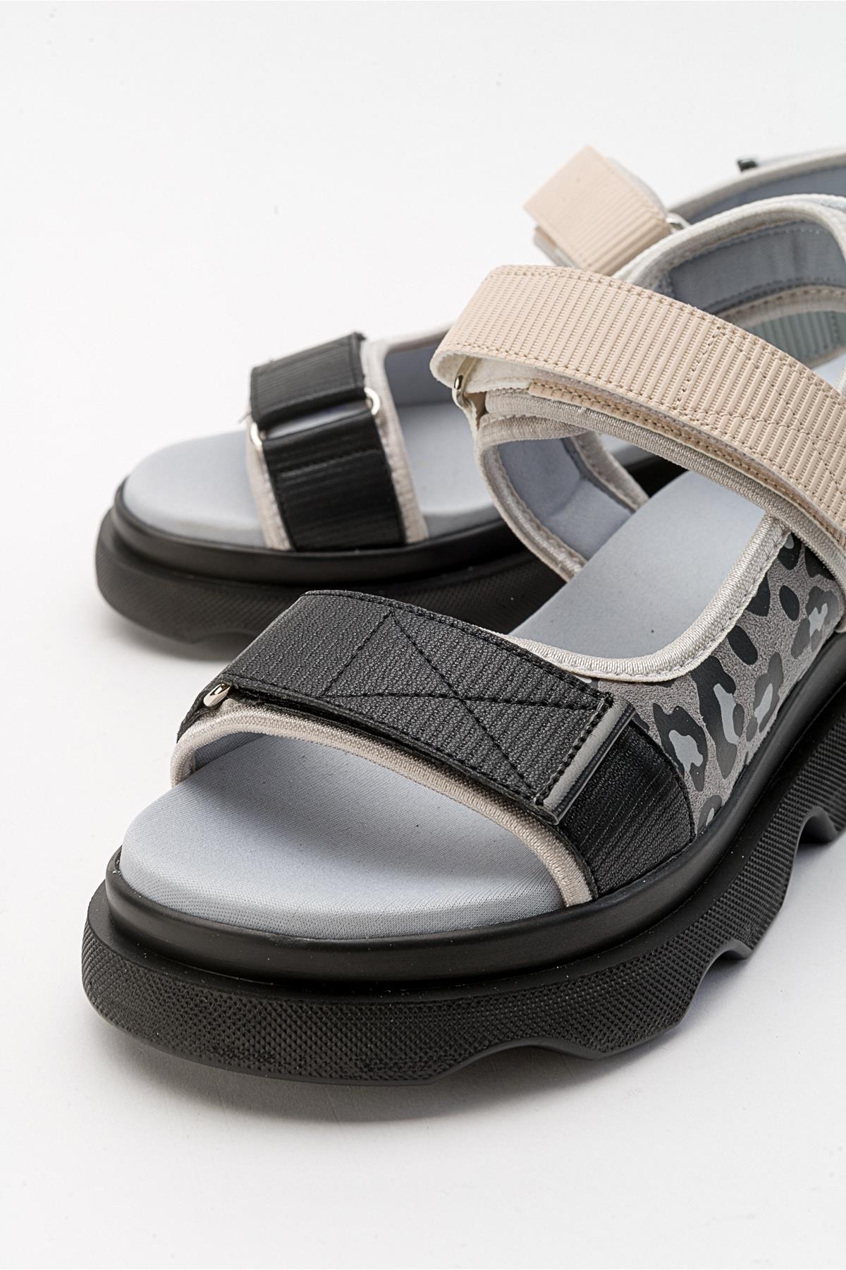 Tedy - Black-Grey Patterned Sandal – back view showing leather, black, Vowalisse