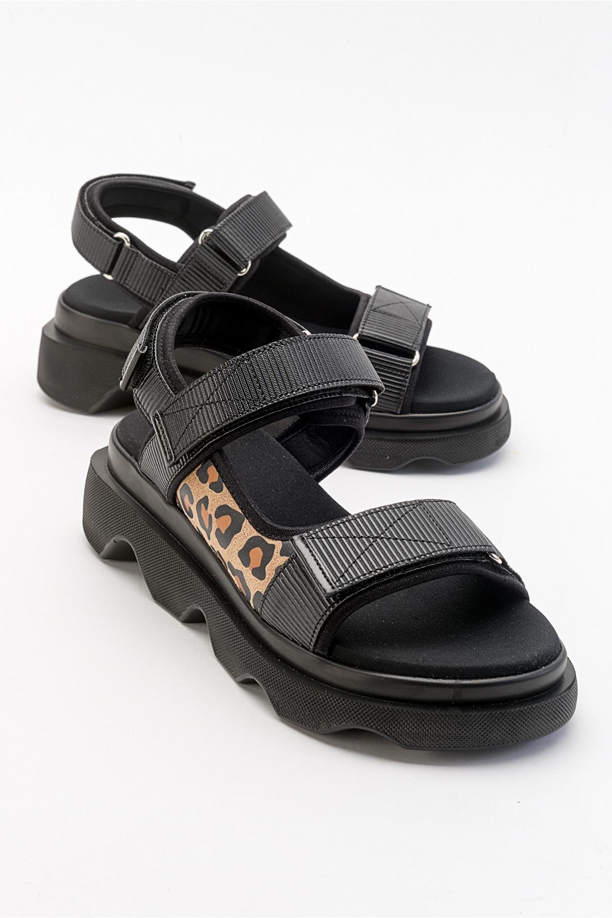 Tedy - Black Patterned Sandal – front three-quarter view showing leather, black, Vowalisse