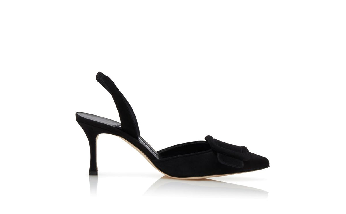 Violetta Belle Black Slingback Slingbacks – side profile showing black slingback, pointed toe, suede, Vowalisse