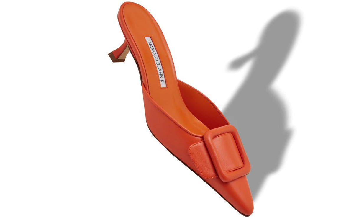Elara Rose Orange Pointed Toe Mules – front three-quarter view showing orange pointed toe, nappa leather, Vowalisse