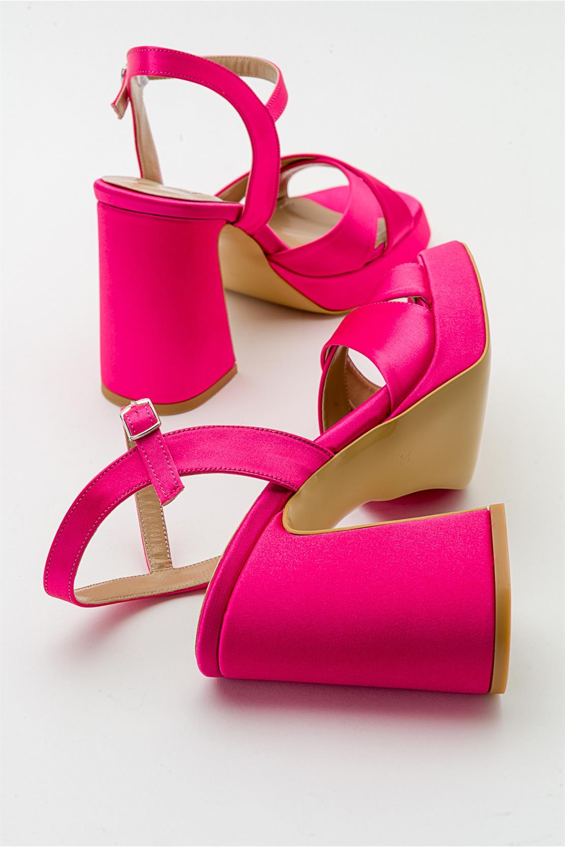 Lello - Fuchsia Satin Platform Heel – side view showing satin, leather, Vowalisse