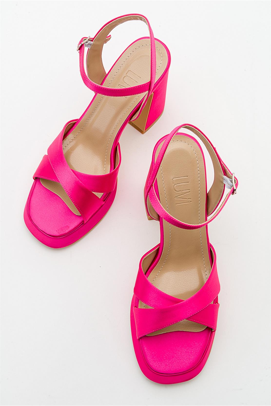 Lello - Fuchsia Satin Platform Heel – detail view showing satin, leather, Vowalisse