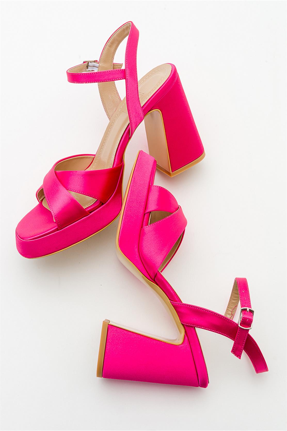 Lello - Fuchsia Satin Platform Heel – back view showing satin, leather, Vowalisse