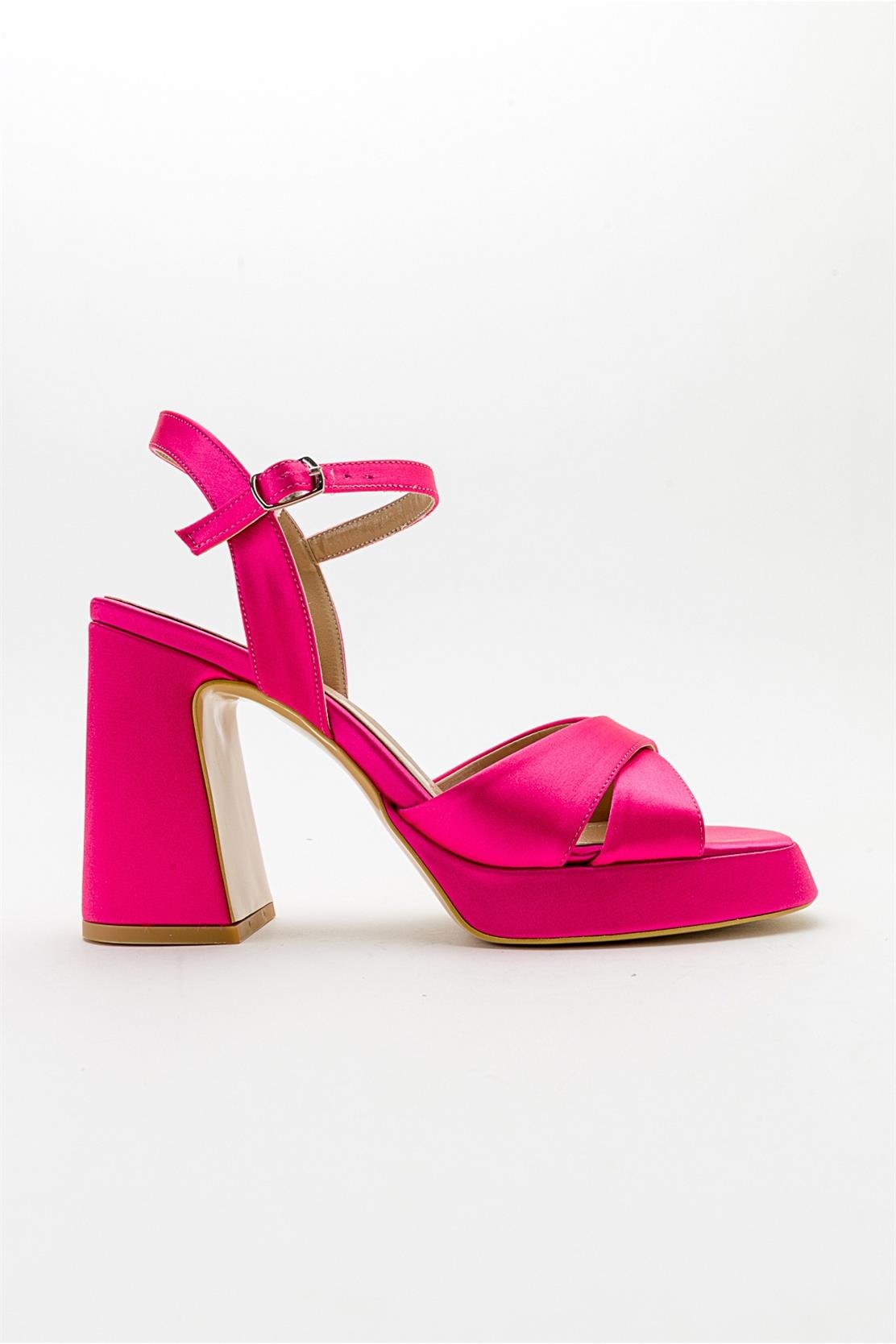 Lello - Fuchsia Satin Platform Heel – top view showing satin, leather, Vowalisse