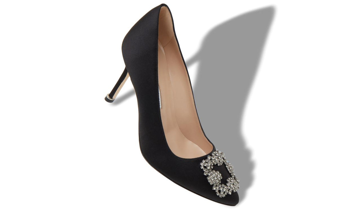 Marielle Crown Black Jewel Buckle Pumps – front three-quarter view showing black jewel buckle, crystal buckle, almond toe…