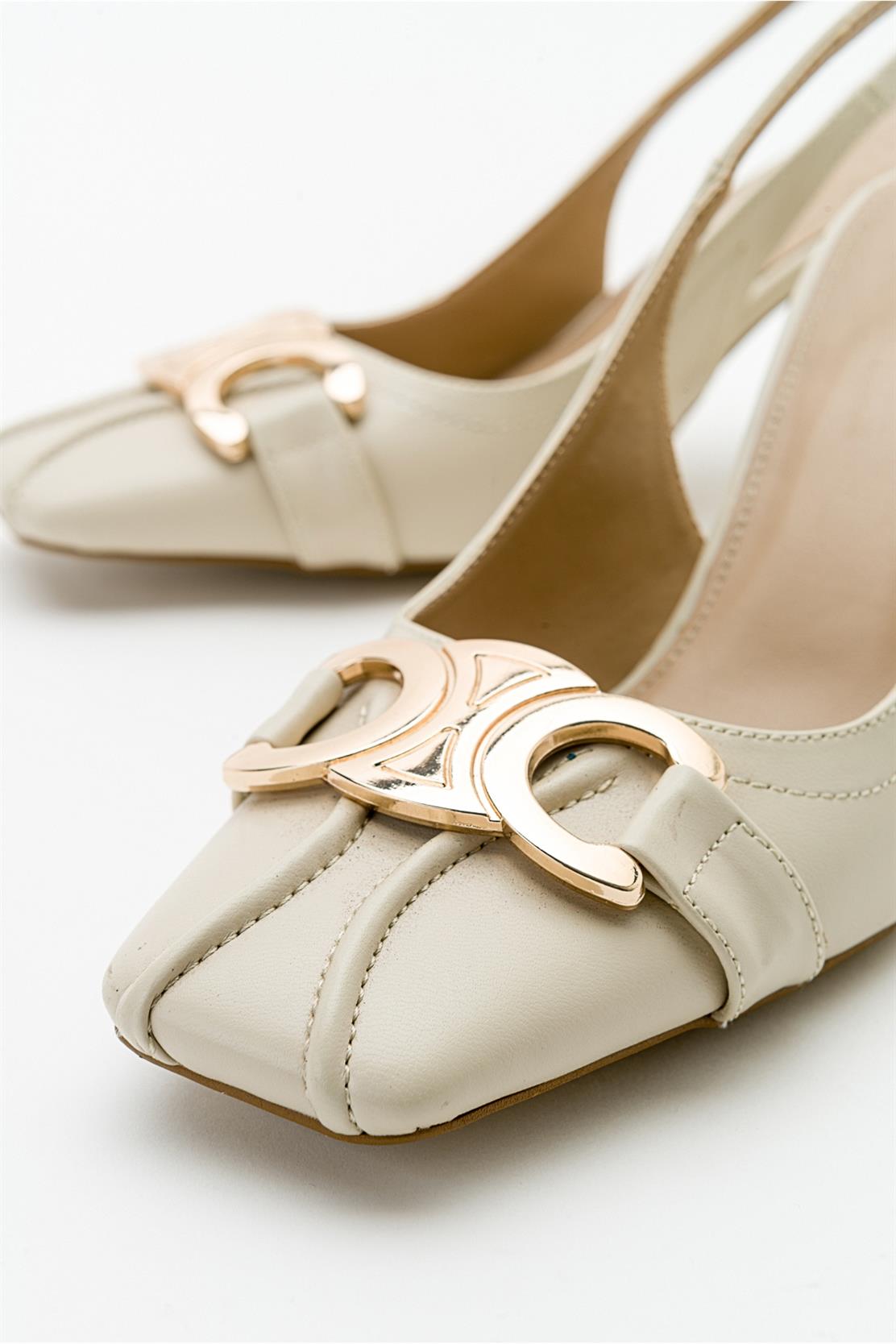Forlev - Ecru Beige Heeled Shoe – side view showing leather, Vowalisse