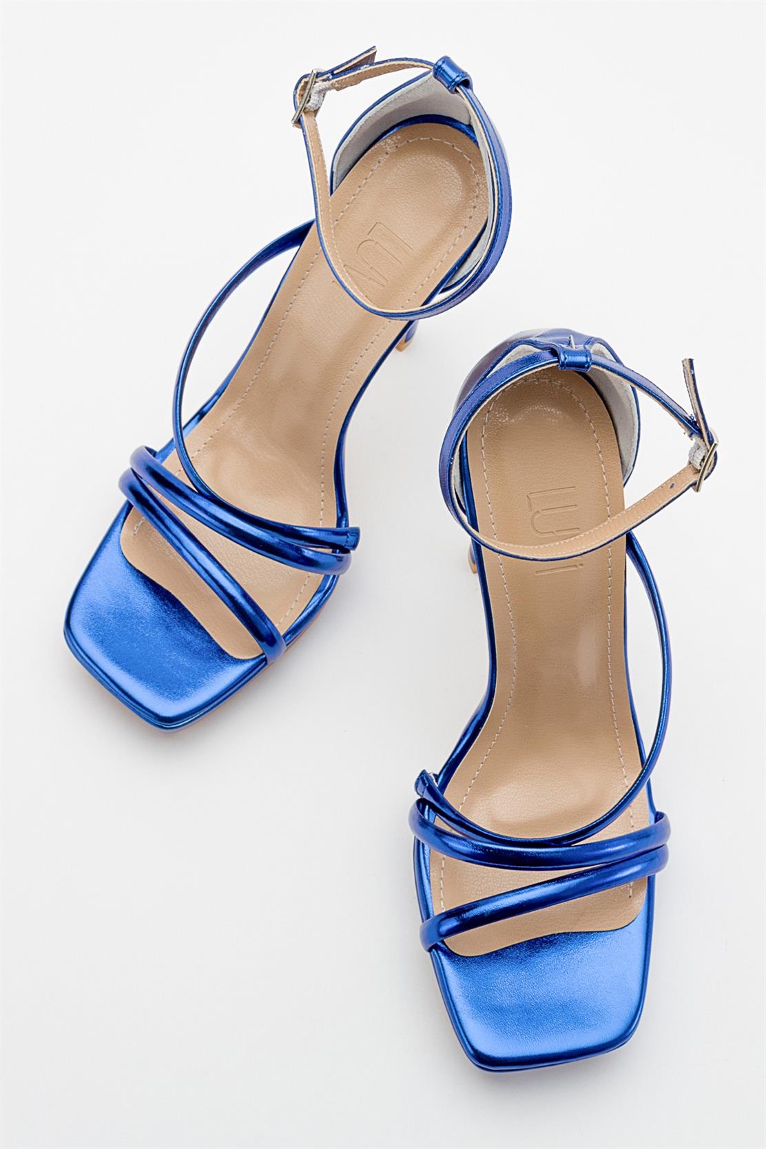 Shelp - Sky Blue High Heel Shoe – back view showing leather, blue, Vowalisse