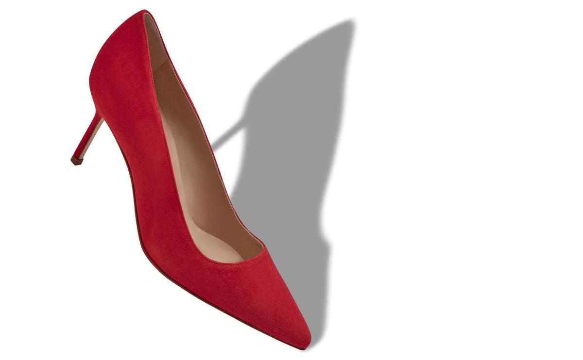 Alessia Bloom Red Pointed Toe Pumps – front three-quarter view showing red pointed toe, suede, Vowalisse