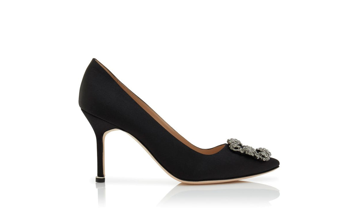 Marielle Crown Black Jewel Buckle Pumps – side profile showing black jewel buckle, crystal buckle, almond toe, satin…