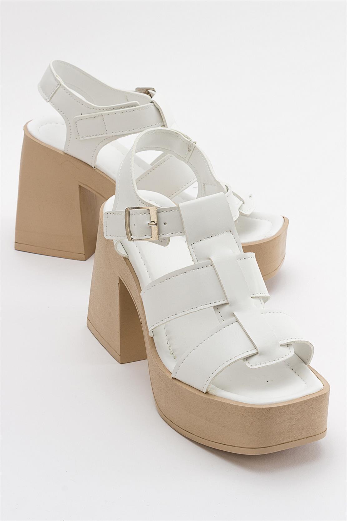 Prek - White Heeled Sandal – front three-quarter view showing leather, white, Vowalisse
