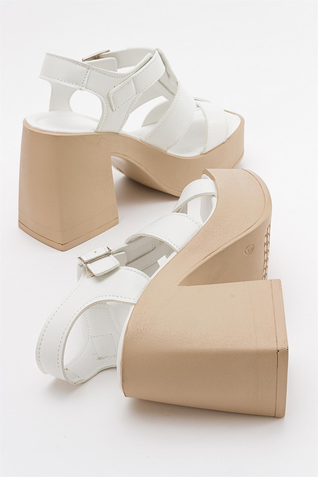 Prek - White Heeled Sandal – side view showing leather, white, Vowalisse