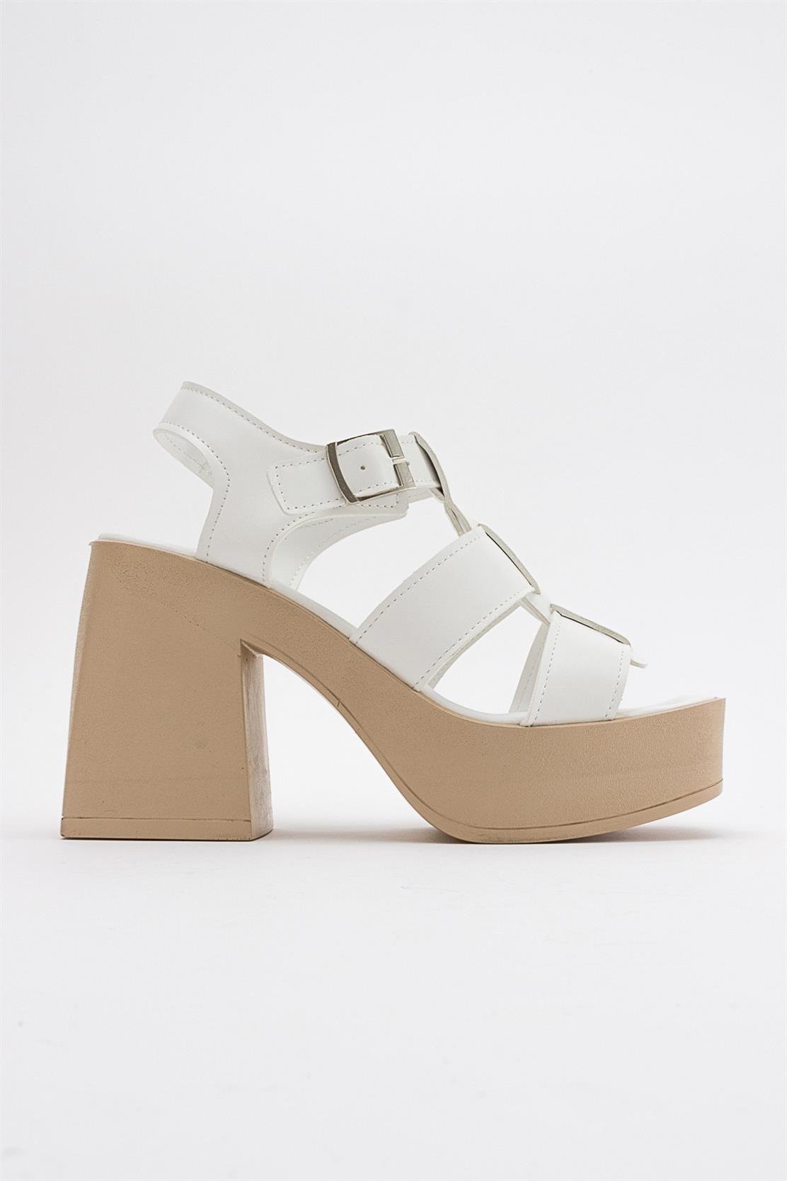 Prek - White Heeled Sandal – top view showing leather, white, Vowalisse
