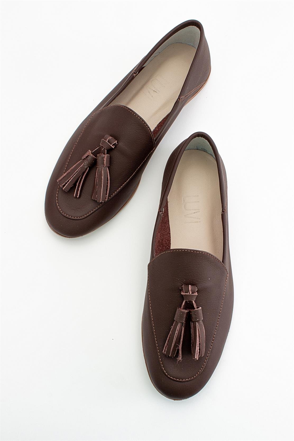 Mona - Brown Soft Leather Tassel Loafers – side view showing leather, suede, red, Vowalisse