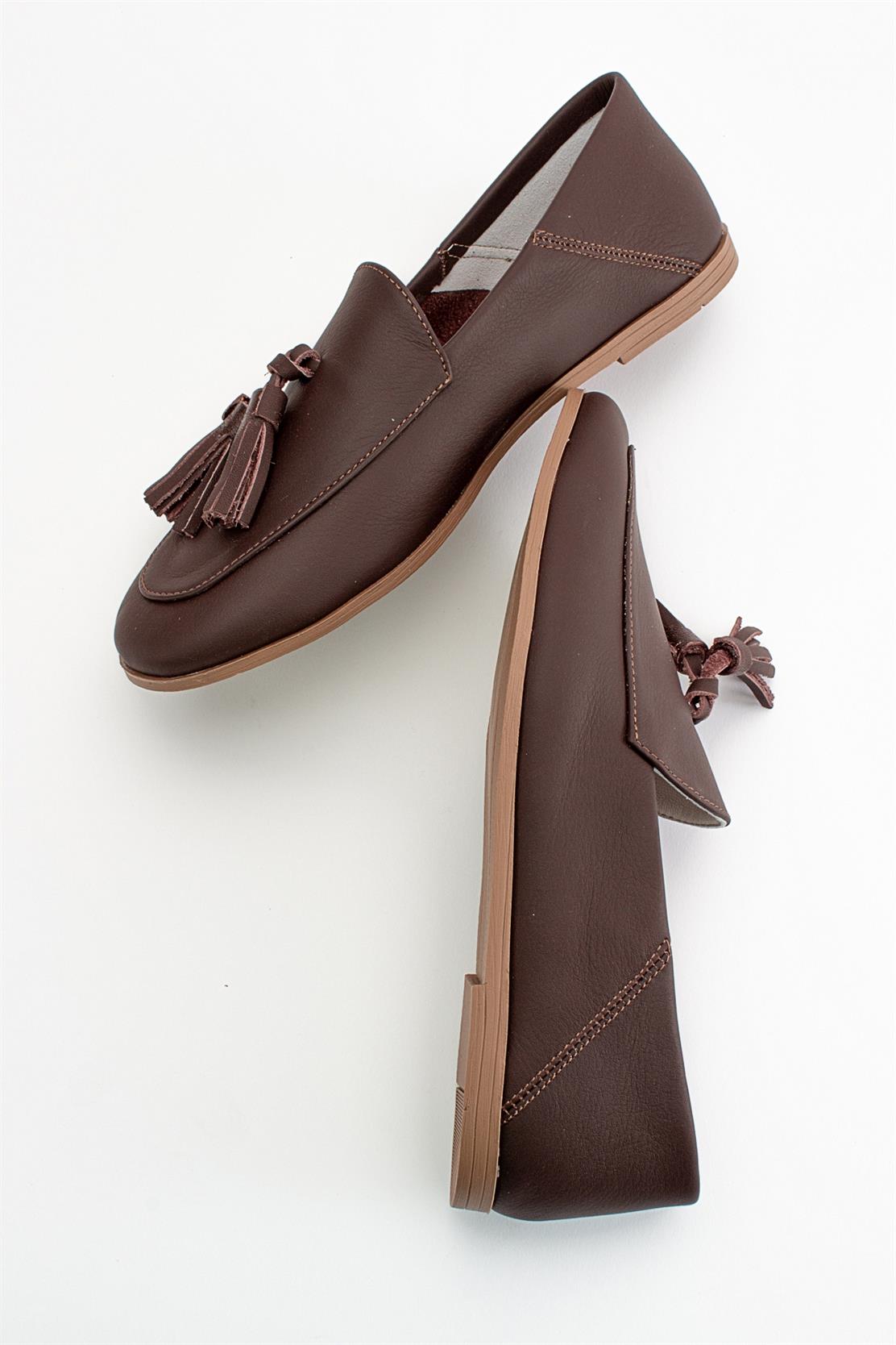 Mona - Brown Soft Leather Tassel Loafers – heel view showing leather, suede, red, Vowalisse