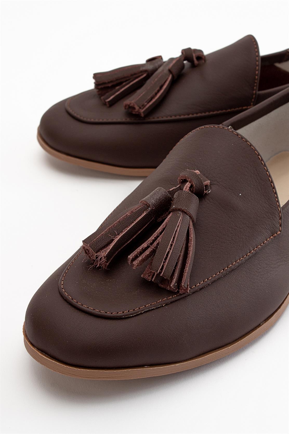 Mona - Brown Soft Leather Tassel Loafers – back view showing leather, suede, red, Vowalisse