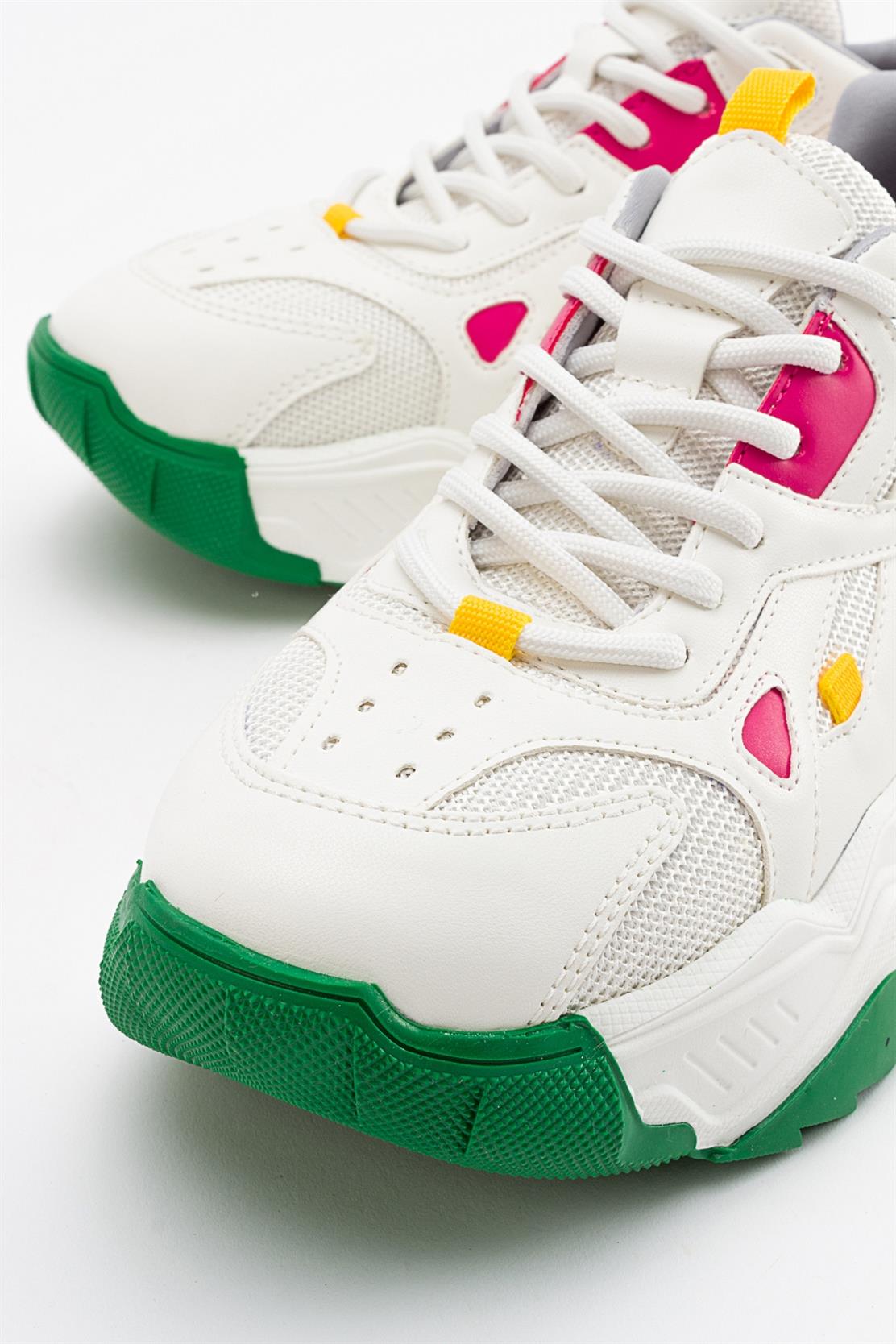 Loretta - White Green Multi Sneaker – side view showing leather, white, green, Vowalisse
