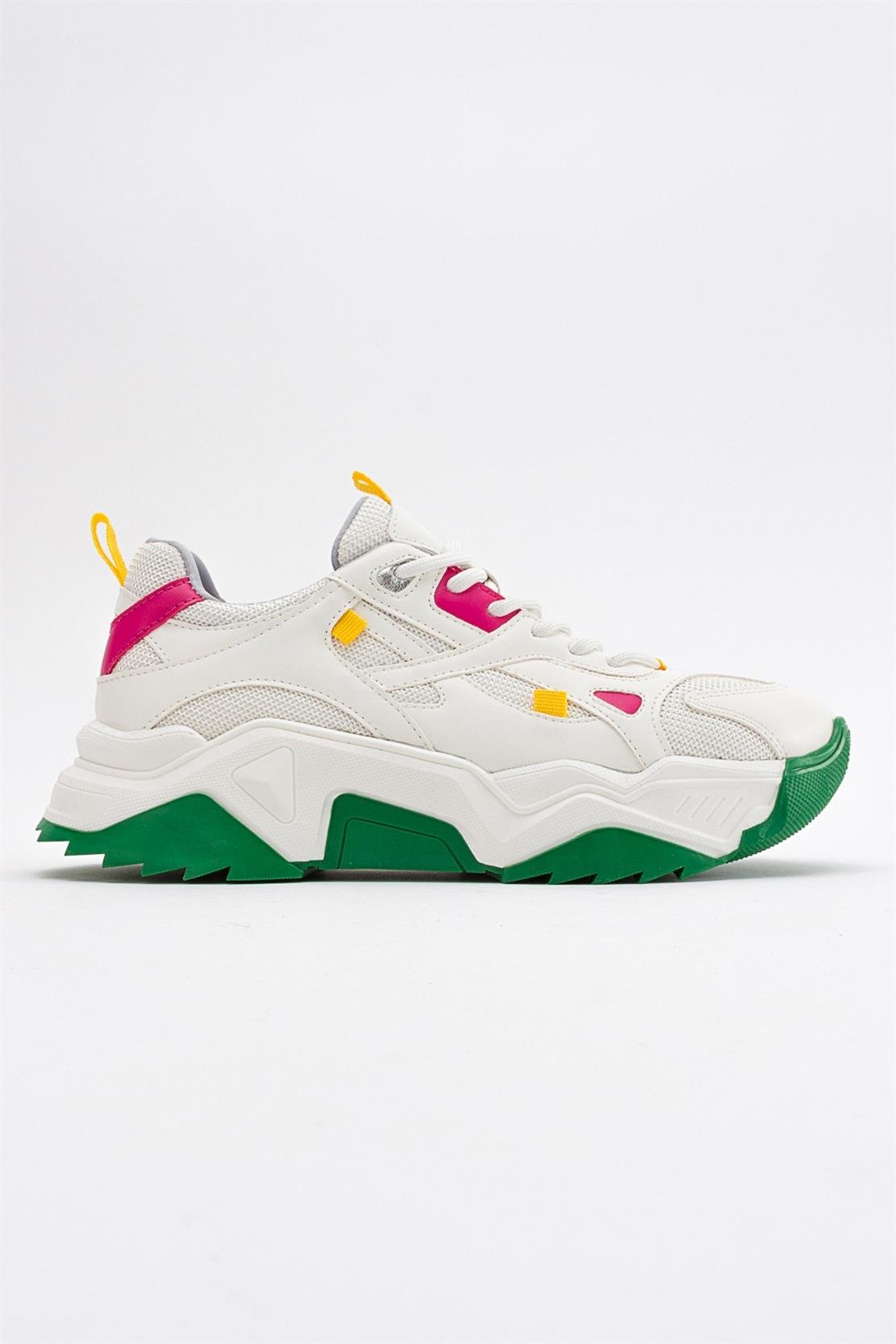 Loretta - White Green Multi Sneaker – top view showing leather, white, green, Vowalisse