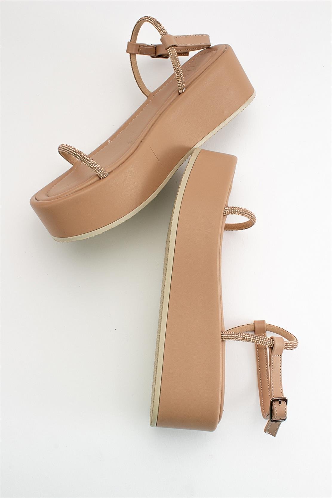 Ekos - Beige Jeweled Platform Sandal – side view showing leather, Vowalisse