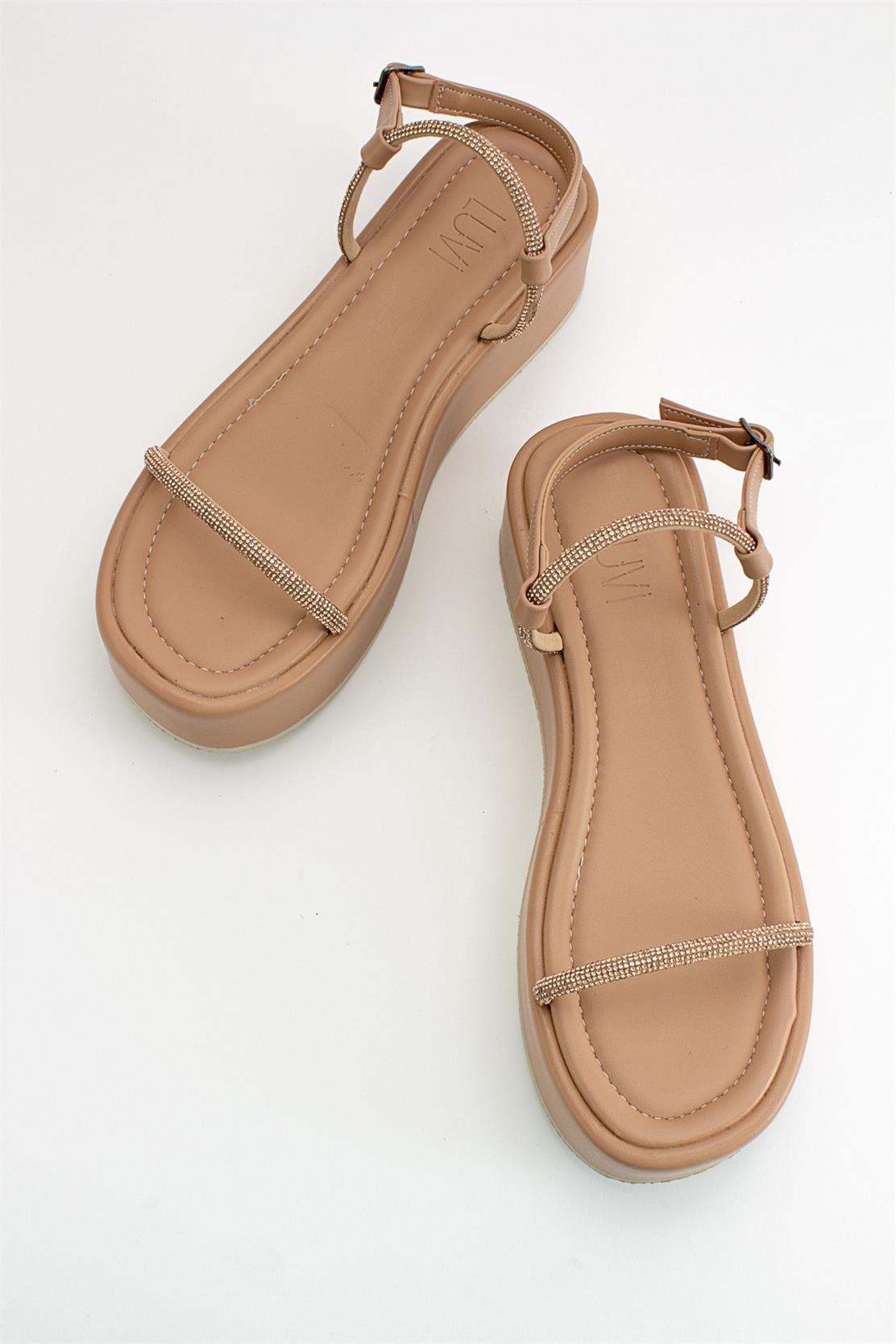 Ekos - Beige Jeweled Platform Sandal – detail view showing leather, Vowalisse