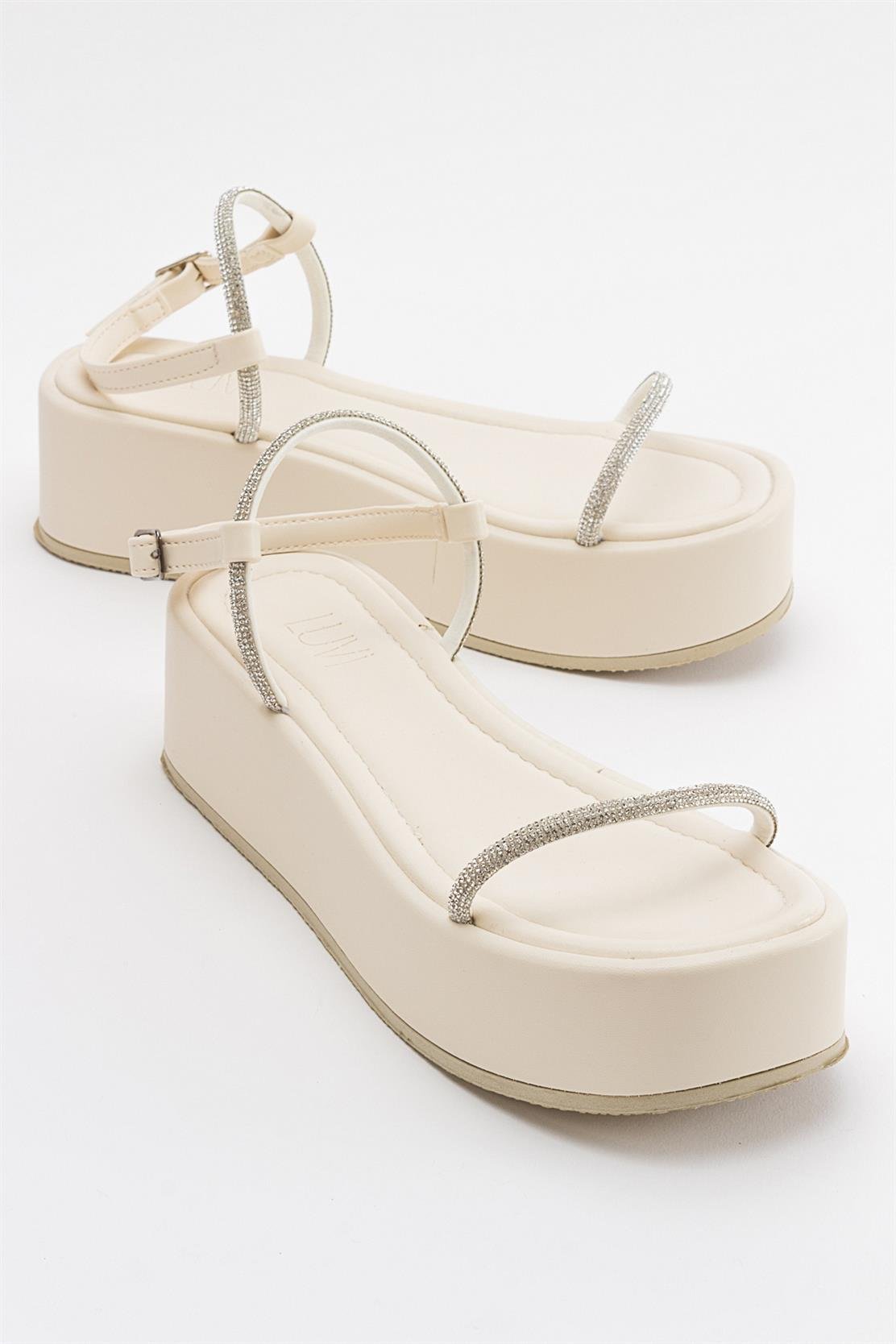 Ekos - Ecru Beige Jeweled Platform Sandal – front three-quarter view showing leather, Vowalisse