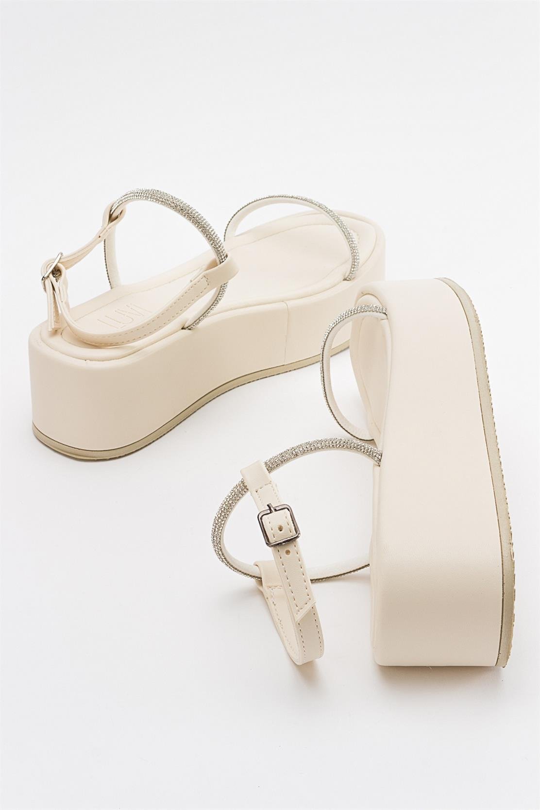 Ekos - Ecru Beige Jeweled Platform Sandal – detail view showing leather, Vowalisse