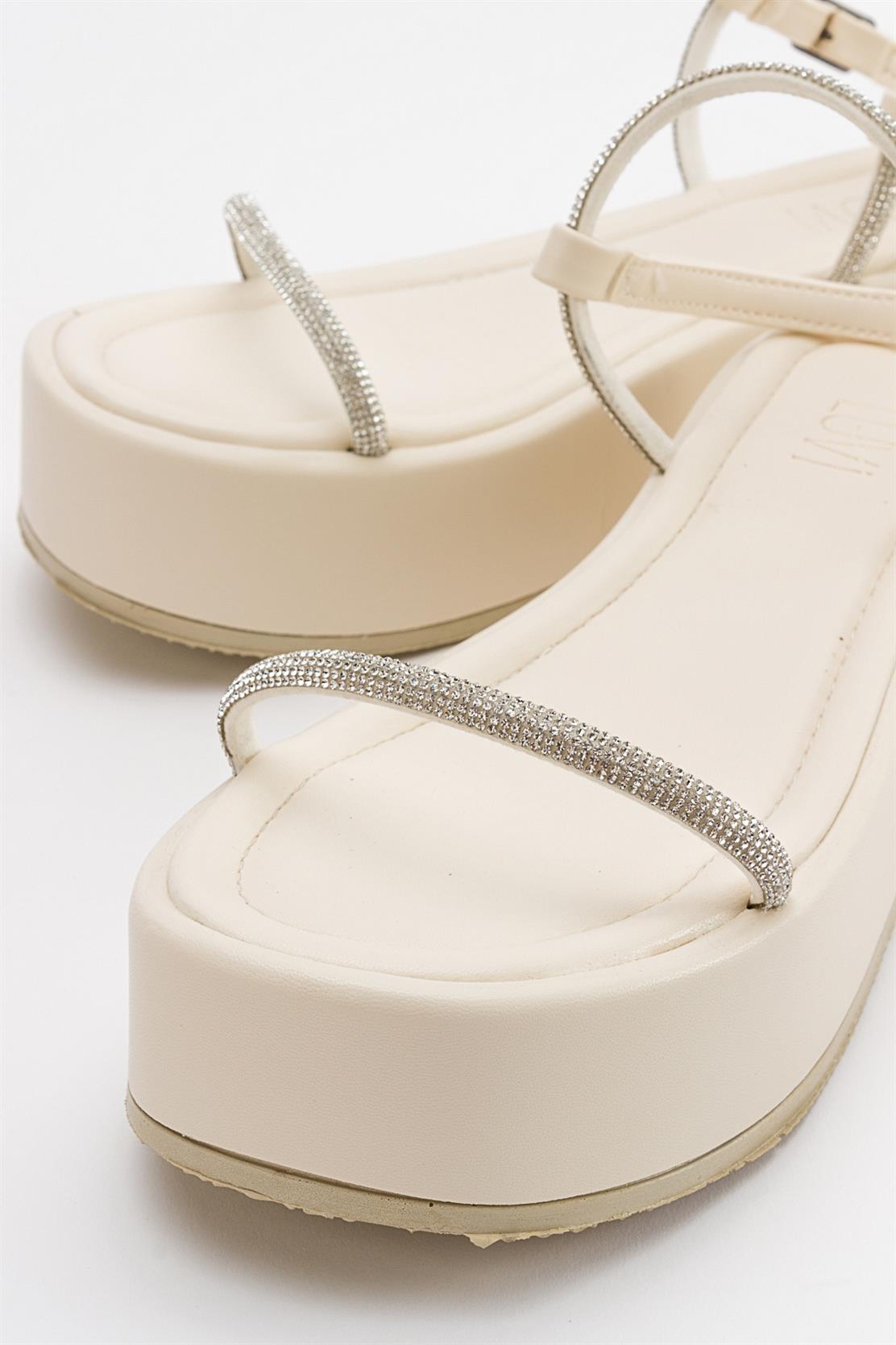 Ekos - Ecru Beige Jeweled Platform Sandal – heel view showing leather, Vowalisse