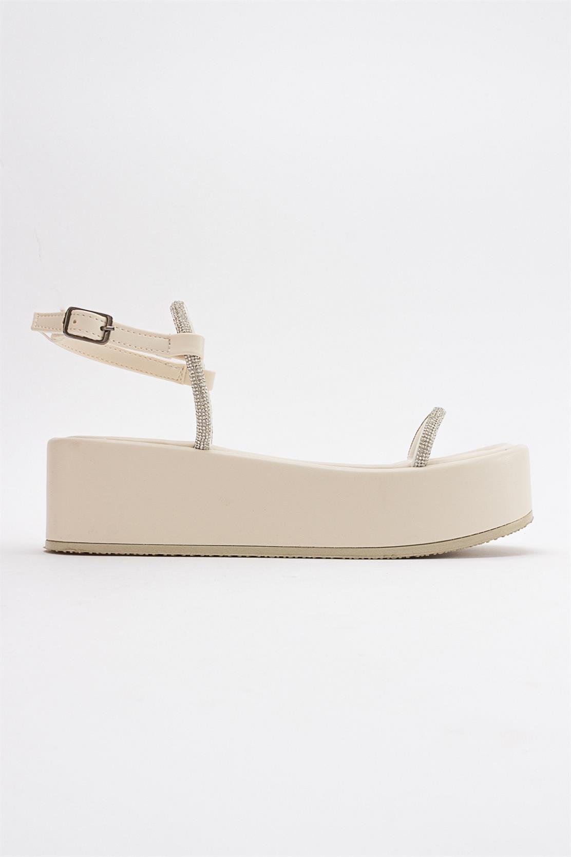 Ekos - Ecru Beige Jeweled Platform Sandal – top view showing leather, Vowalisse