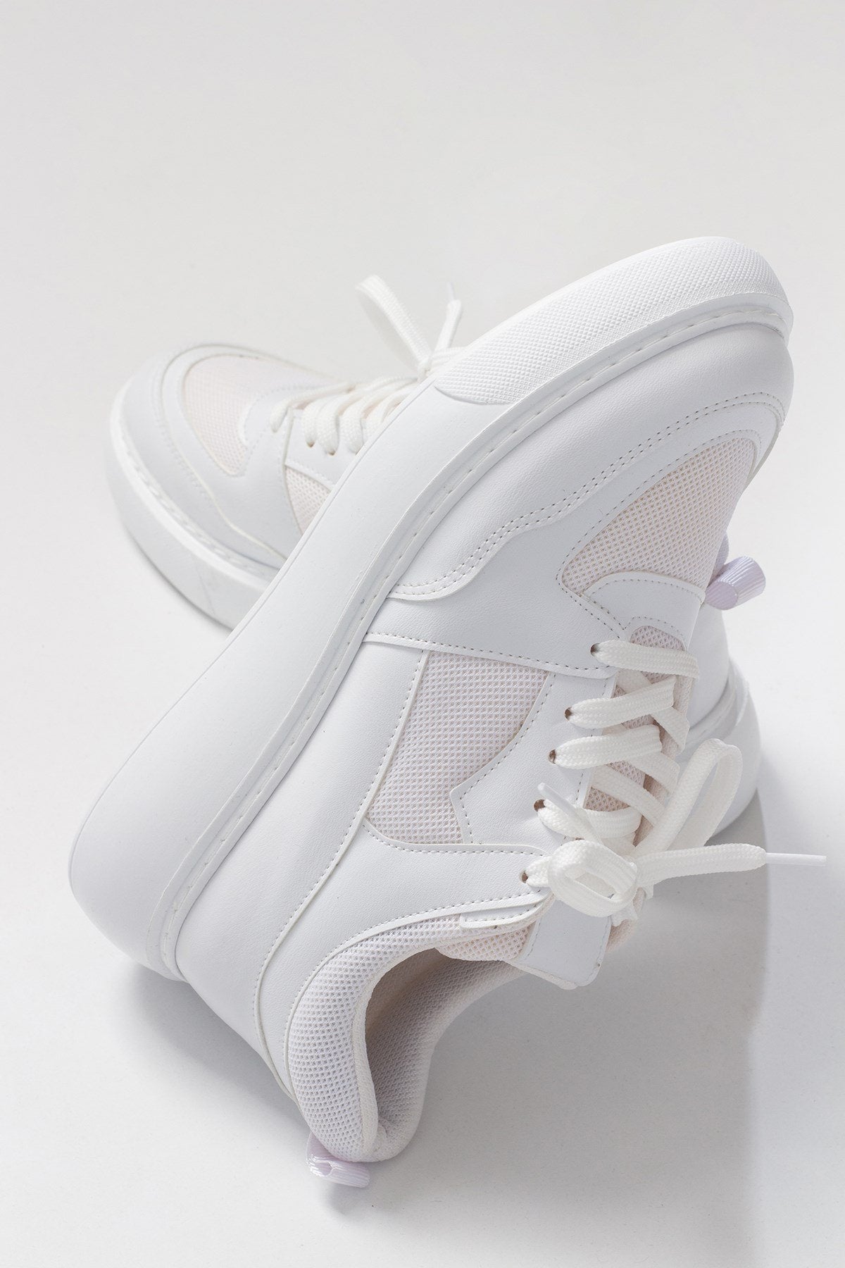 Pure - White Mesh Sneaker – heel view showing leather, mesh, white, Vowalisse