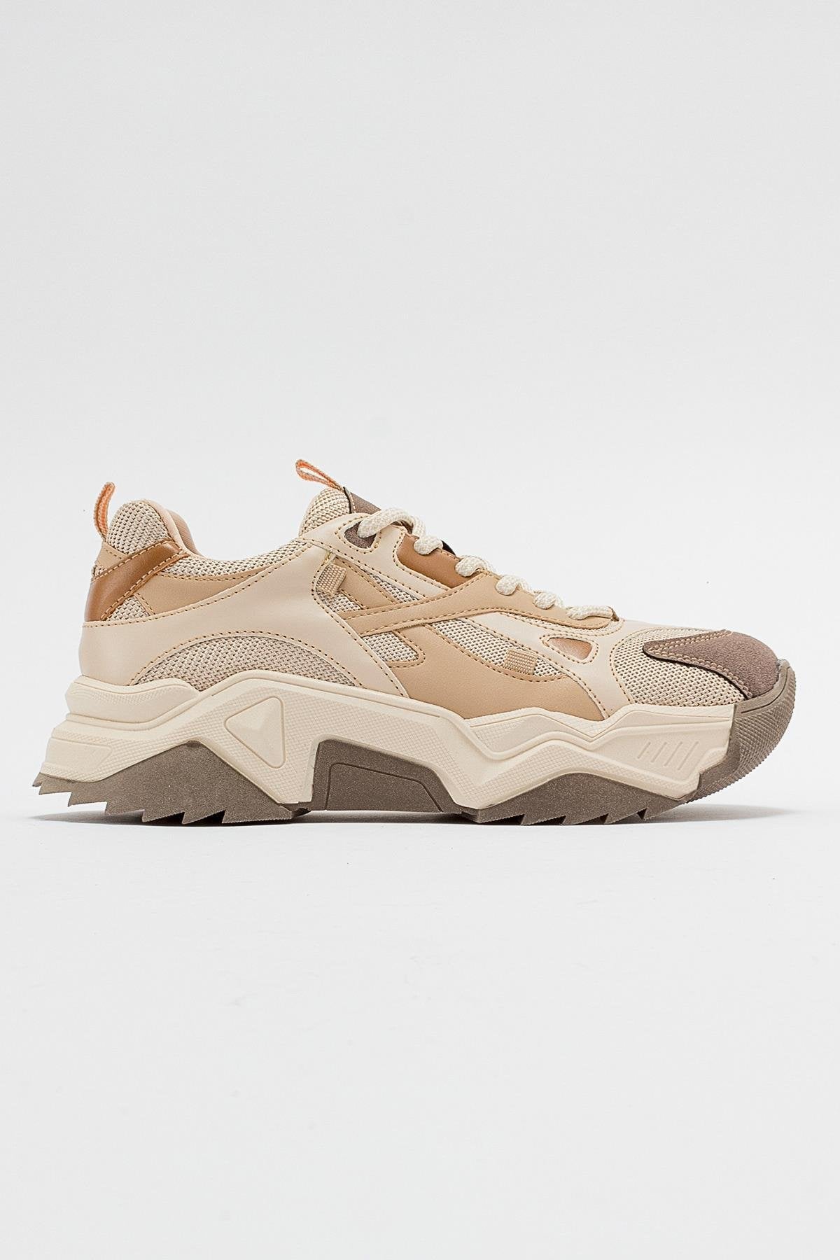 Loretta - Beige-Brown Sneaker – top view showing leather, Vowalisse