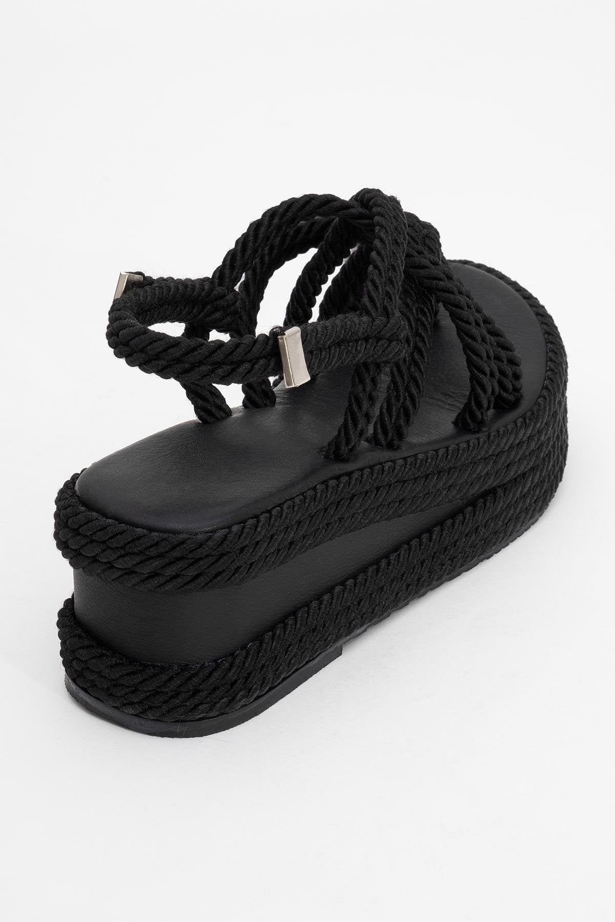 Juney - Black Genuine Leather Lace-Up Wedge Sandal – detail view showing lace, leather, black, Vowalisse