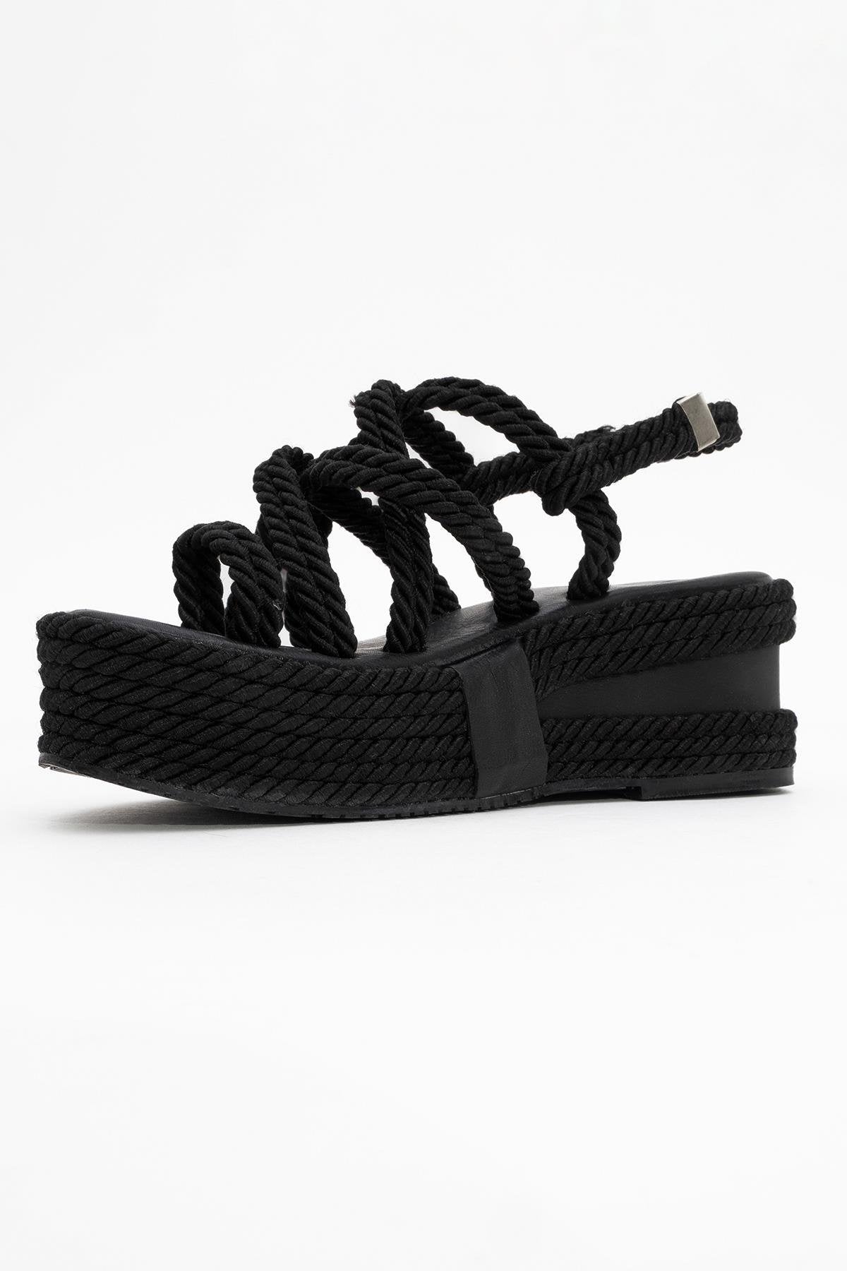 Juney - Black Genuine Leather Lace-Up Wedge Sandal – top view showing lace, leather, black, Vowalisse