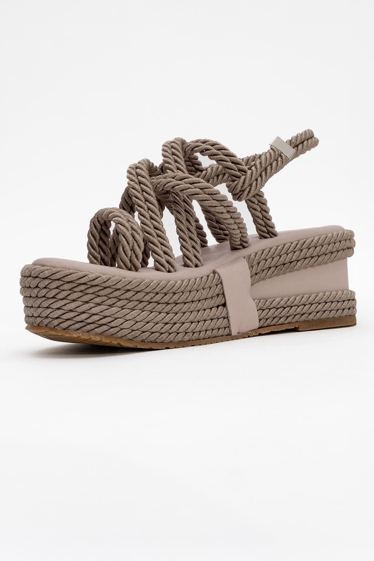 Juney - Taupe Genuine Leather Lace-Up Wedge Sandal – heel view showing lace, leather, Vowalisse