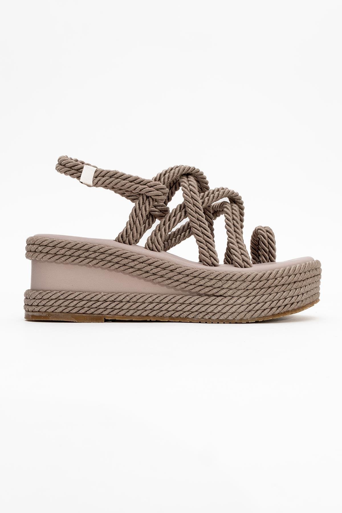 Juney - Taupe Genuine Leather Lace-Up Wedge Sandal – top view showing lace, leather, Vowalisse