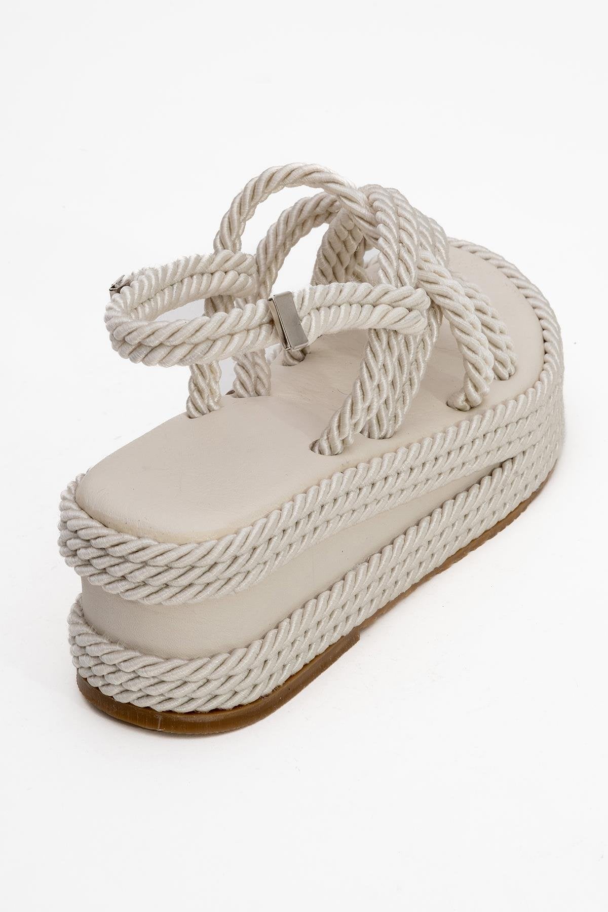 Juney - Beige Genuine Leather Lace-Up Wedge Sandal – back view showing lace, leather, Vowalisse
