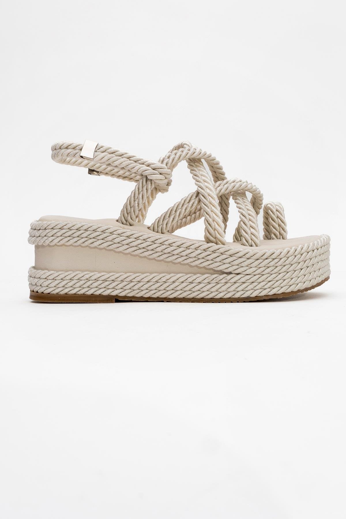 Juney - Beige Genuine Leather Lace-Up Wedge Sandal – top view showing lace, leather, Vowalisse