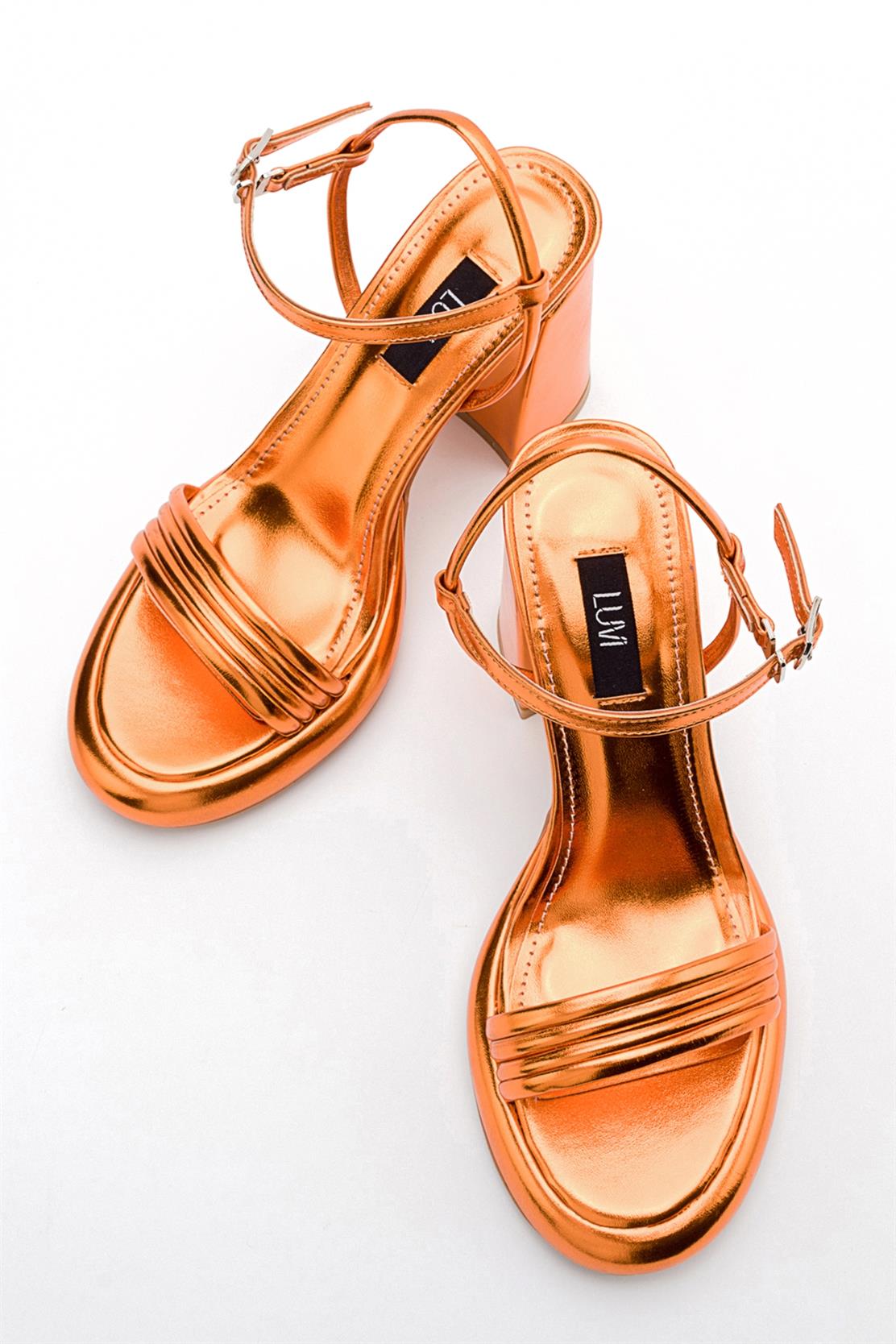 Posse - Orange Metallic Heeled Shoe – side view showing leather, metallic, Vowalisse