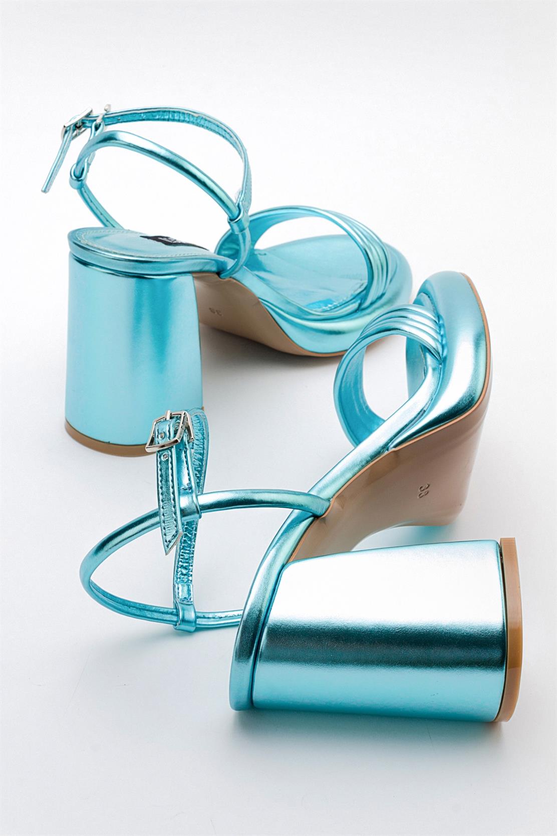 Posse - Baby Blue Metallic Heeled Shoe – detail view showing leather, metallic, blue, Vowalisse
